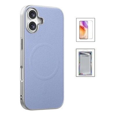 For iPhone 16 Magnetic Case with Tempered Glass Screen Protector Carbon Fiber Texture Phone Back Cover - Light Purple