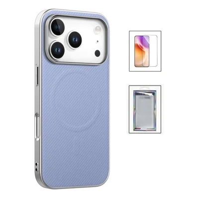 For iPhone 17 Pro Magnetic Case with Tempered Glass Screen Protector Carbon Fiber Texture Phone Back Cover - Light Purple