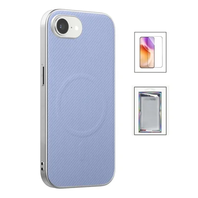 Pour iPhone 17e / 16e Étui Magnétique avec Protecteur d'Écran en Verre Trempé, Coque Arrière Texture Fibre de Carbone - Violet Clair