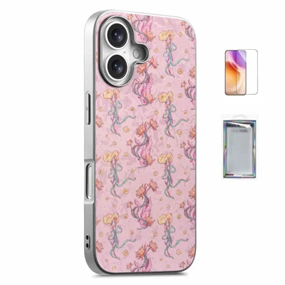 For iPhone 16 Magnetic Case with Tempered Glass Screen Protector Floral Pattern Printed Phone Cover - Pink