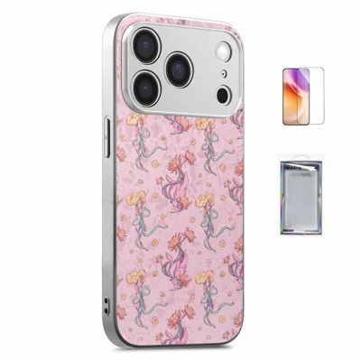 For iPhone 17 Pro Magnetic Case with Tempered Glass Screen Protector Floral Pattern Printed Phone Cover - Pink