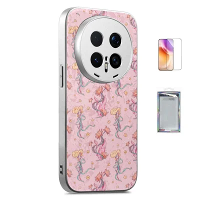 For Honor Magic8 Pro 5G Magnetic Case with Tempered Glass Screen Protector Floral Pattern Printed Phone Cover - Pink
