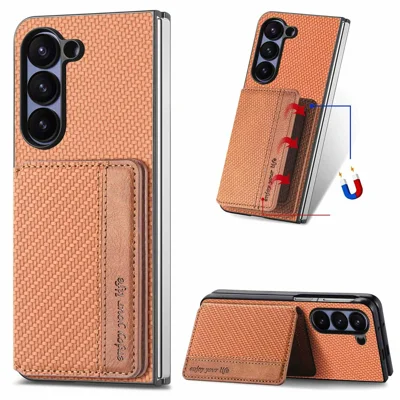For Samsung Galaxy Z Fold5 5G Case with Card Holder RFID Blocking Carbon Fiber Texture Slim Phone Cover - Brown