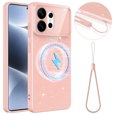 Чехол для Samsung Galaxy S27 Ultra магнитный, с блестками, из ТПУ, ударопрочный, с ремешком - розовый