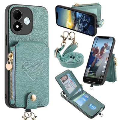 For Xiaomi Redmi Note 17 Pro 5G Case Card Holder Zipper Pocket Heart Pattern Leather Phone Back Cover with Crossbody Strap - Blue