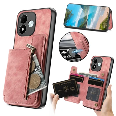 For Xiaomi Redmi Note 17 Pro 5G Case with Zipper Card Holder Retro Leather TPU Phone Cover - Pink