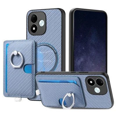 For Xiaomi Redmi Note 17 Pro 5G Case Ring Kickstand Leather Back Cover with Magnetic Detachable Card Holder - Blue