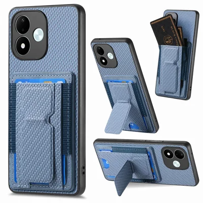 For Xiaomi Redmi Note 17 Pro 5G Case with Card Holder Kickstand Fiber Pattern Leather Back Cover - Blue