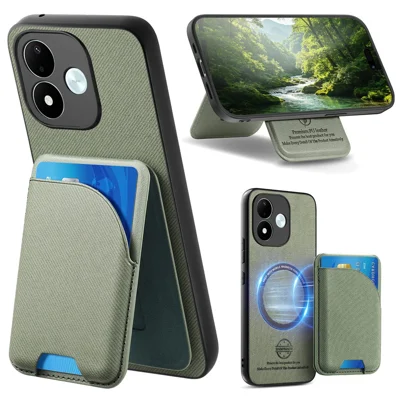 For Xiaomi Redmi Note 17 Pro 5G Magnetic Case Cloth Texture Leather + PC + TPU Phone Cover with Detachable Card Holder - Green