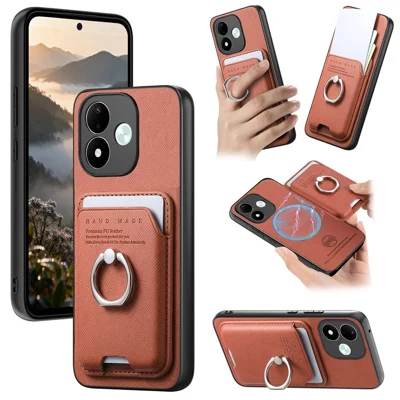 For Xiaomi Redmi Note 17 Pro 5G Case Cloth Texture Leather + PC + TPU Phone Cover with Detachable Magnetic Ring Kickstand Card Holder - Brown