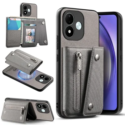 For Xiaomi Redmi Note 17 Pro 5G Magnetic Case Twill Cloth Texture PU Leather Phone Back Cover with Tri-fold Card Holder - Grey