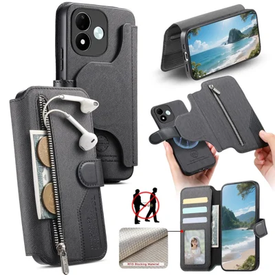 For Xiaomi Redmi Note 17 Pro 5G Magnetic Case RFID Blocking Detachable Wallet Stand Cloth Texture Leather Phone Cover - Black