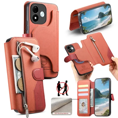 Magnetic Case for Xiaomi Redmi Note 17 4G (Global)  /  Note 17 5G (Global)  /  Note 17 (India / China) 5G RFID Blocking Detachable Wallet Stand Cloth Texture Leather Phone Cover - Brown