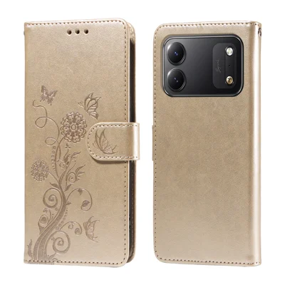 Für TECNO Spark 50C 4G Ledertasche Schmetterling Blumenprägung Mappenständerabdeckung - Golden