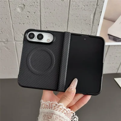 For iPhone Duo Magnetic Case Full Hinge Protection Carbon Fiber Texture PU Leather PC Phone Cover - Black