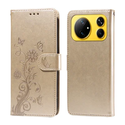  For Honor Magic9 Super Edition 5G Leather Case Butterfly Floral Imprint Wallet Stand Cover - Golden