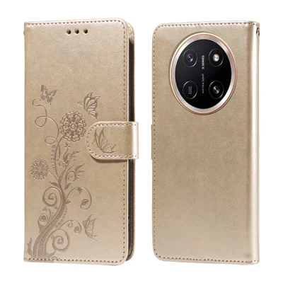  For Honor X9e Pro 5G / Honor X80 Pro Max 5G Leather Case Butterfly Floral Imprint Wallet Stand Cover - Golden