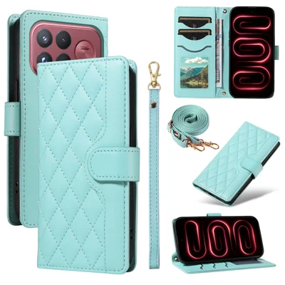 Etui portfelowe z listwą rombów, skórzane etui na telefon z paskiem - Zielony dla Xiaomi Poco F8 Ultra / Xiaomi Redmi K100 Pro Max 5G (Chiny) / Xiaomi Redmi K90 Pro Max 5G / Xiaomi Poco F9 Ultra 5G