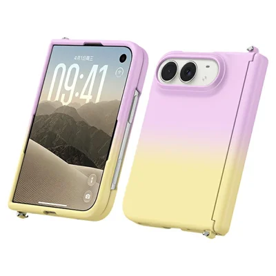 For iPhone Duo Magnetic Case Hinge Protection Skin Touch Gradient PC Phone Cover with Detachable Camera Frame and Dual Lanyard Hooks - Yellow Purple Gradient