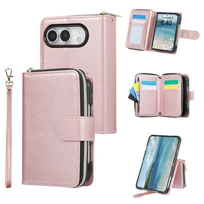 Funda para iPhone Duo con Cremallera, 9 Ranuras para Tarjetas, Funda de Cuero PU con Correa de Mano - Dorado Rosa