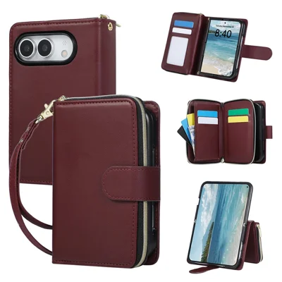 Funda para iPhone Duo con 9 Ranuras para Tarjetas, Bolsillo con Cremallera, Cuero PU y Correa de Muñeca - Rojo Vino