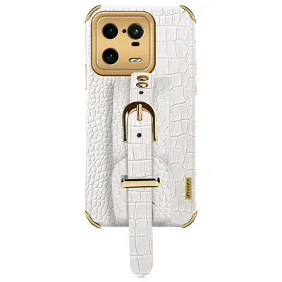 For Xiaomi 13 Pro 5G Electroplating Crocodile Texture Anti-collision PU Leather Coated PC+TPU Case Hand Strap Kickstand Design Protective Cover - White
