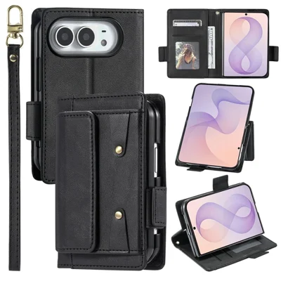 For Samsung Galaxy Z Fold8 Retro Wallet Case PU Leather + PC Flip Stand Phone Cover with Wrist Strap - Black