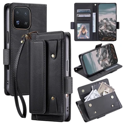 Voor Oppo Find X10 Pro Max 5G Leren Hoes Retro Portefeuille Flip Stand Telefoonhoes met Polsband - Zwart