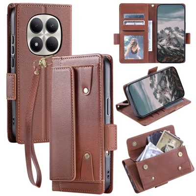 Läderlugg för Xiaomi Poco X7 5G / Redmi Note 14 Pro 4G / 14 Pro+ 5G / 14 Pro 5G Retro Wallet Flip Stand telefonhölse med handledsband - Brun