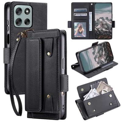 Til Motorola Edge 70 5G / Moto X70 Air 5G Læderetui Retro Wallet Flip Ståetilbehør med Håndbøjle - Sort