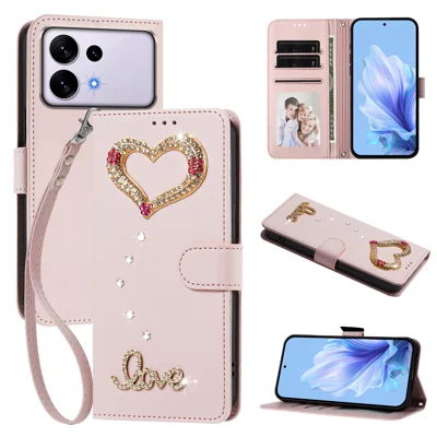 Чехол-кошелек для Samsung Galaxy S27 Ultra, 3D сердце с подвесками LOVE, складной чехол-подставка из кожи с ремешком для руки - розовый