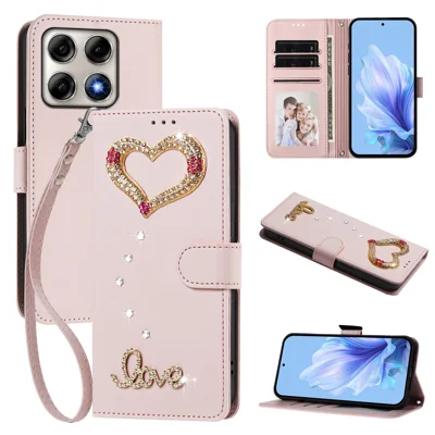  Étui portefeuille pour Motorola Edge 70 Pro 5G, étui en cuir avec motif 3D de cœur LOVE strass, support pliable et dragonne - Rose