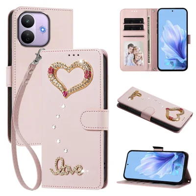  For Xiaomi Redmi Note 17 Pro 5G Wallet Case 3D Rhinestone LOVE Heart Foldable Stand Leather Phone Cover with Wrist Strap - Pink