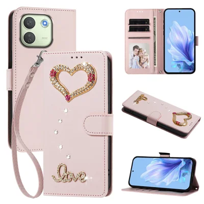  For Xiaomi Redmi Note 17 Pro Max 5G / Xiaomi Poco X8 Power 5G / Xiaomi Redmi Note 17 Pro+ 5G Wallet Case 3D Rhinestone LOVE Heart Foldable Stand Leather Phone Cover with Wrist Strap - Pink