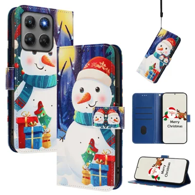 Чехол-кошелек для Motorola Moto G37 Power 5G / Motorola Moto G47 5G / Motorola Moto G37 5G с рождественским узором, кожаный чехол для телефона с ремешком — подарочная коробка, снеговик