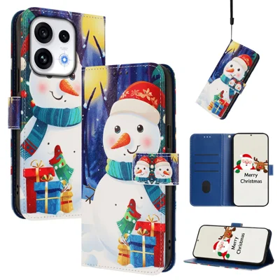  Capa Carteira de Couro com Estampa de Padrão de Natal para Oppo Reno16 5G (Global) / Oppo Reno16 5G (China) / Oppo Reno16 Pro 5G (Global), com Cordão - Caixa de Presente Boneco de Neve