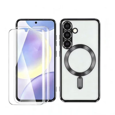 Magnetiskt fodral för Samsung Galaxy S25 med CD-textur, elektropläterad TPU-täckning med 2 st skärmskydd i högkvalitativt glas - Svart