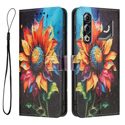 Voor ZTE nubia Neo 5 Pro 5G Portemonnee Hoekschoen met Patroonprint PU Leren Telefoonhoes met Lus - Zonnebloem