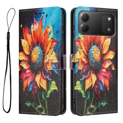 Für TECNO Spark 50C 4G Brieftaschenhülle Musterdruck PU-Leder-Handyhülle mit Anhängeriemen - Sonnenblume