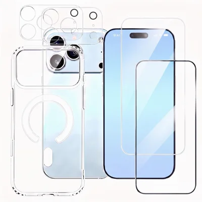  For iPhone 17 Pro Magnetic Case PC + TPU Clear Phone Cover + 2Pcs Camera Protector + 1Pc HD Clear Screen Film + 1Pc Silk Print Screen Film - Transparent