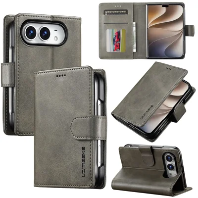 LC.IMEEKE para iPhone Funda Doble Textura de Cuero de Becerro Funda de Cuero PU - Gris