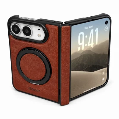 DENIOR Funda para iPhone Duo con Anillo Magnético Giratorio, Protección de Bisagra con Textura de Cuero - Marrón