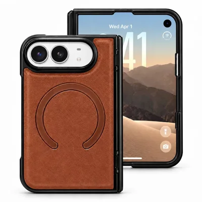 Funda magnética dúo DENIOR para iPhone, carcasa trasera de cuero PU + PC con protección de bisagra - Marrón