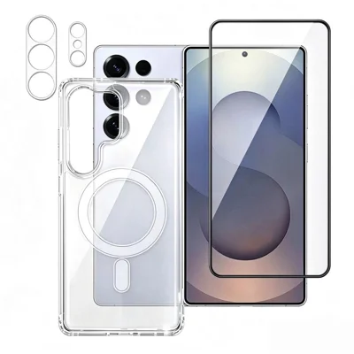  For Samsung Galaxy S25 Ultra Magnetic Case TPU + PC Phone Cover with Tempered Glass Screen Film + Clear Lens Film - Transparent