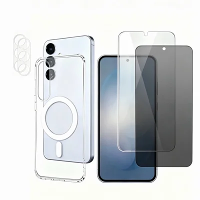 لـ هاتف Samsung Galaxy A18 4G / Galaxy A18 5G غطاء هاتف مغناطيسي شفاف مع 2 قطعة حماية عدسة الكاميرا + 1 قطعة حماية شاشة شفافة + 1 قطعة فيلم خصوصية ضد التلصص - أسود