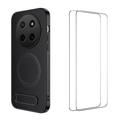  WANLONFENG for Honor X80 Pro Max 5G / Honor X9e Pro 5G QT1 Series Magnetic Case with 2Pcs Tempered Glass Films Kickstand Carbon Fiber Texture PC TPU Phone Cover - Black
