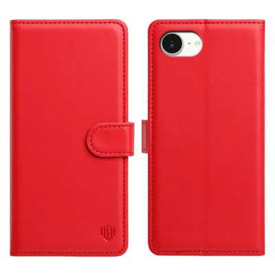 Coque pour iPhone 17e / 16e avec 3 emplacements pour cartes, finition brillante, protection intégrale, housse en cuir PU - Rouge