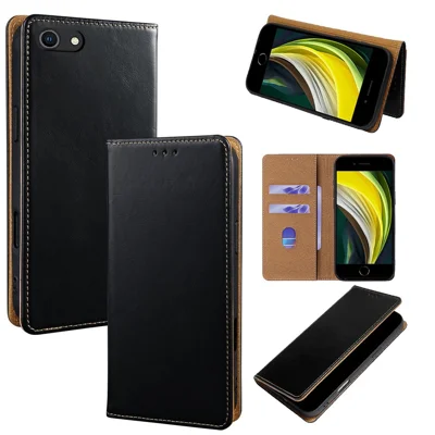 Echtes Rindsleder-Etui für iPhone SE (2022) / (2020) / iPhone 8 / 7, RFID-Schutz-Flip-Wallet-Handyhülle - Schwarz
