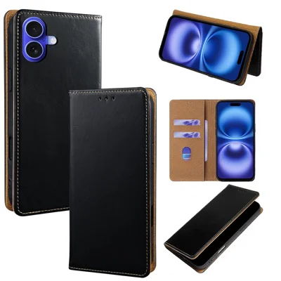 For iPhone 16 Plus Case RFID Blocking Genuine Cow Leather Flip Wallet Phone Cover - Black