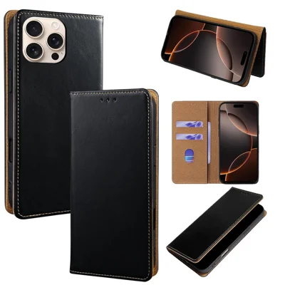 For iPhone 16 Pro Case RFID Blocking Genuine Cow Leather Flip Wallet Phone Cover - Black
